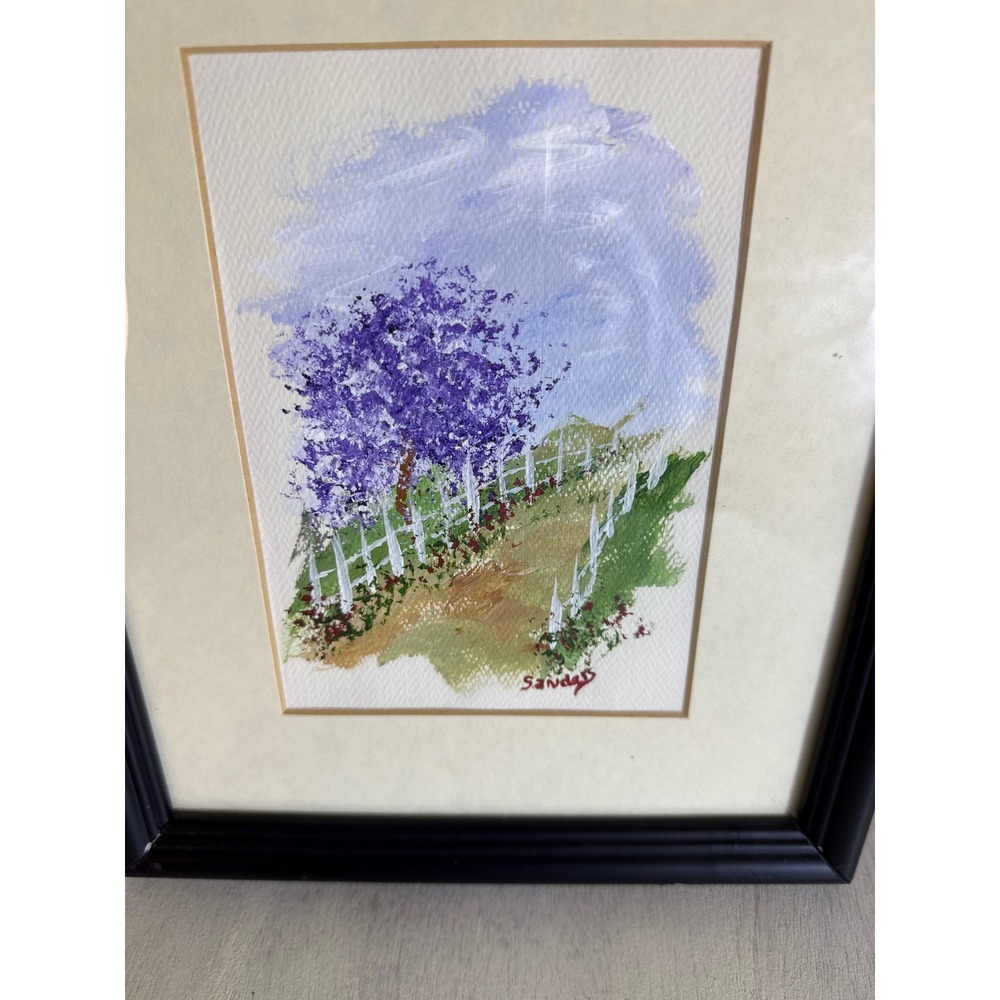 Original Signed Sanders Landscape Painting Purple Tree Picket Fence Framed Art